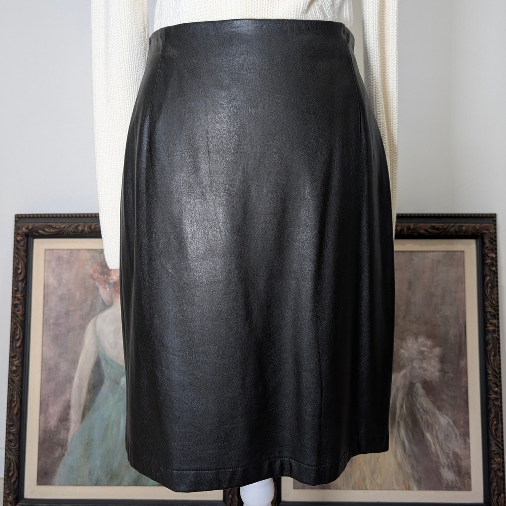 Alex Garfield Black Faux Leather Knee Length Pencil Skirt‎ Size 6 Made in USA